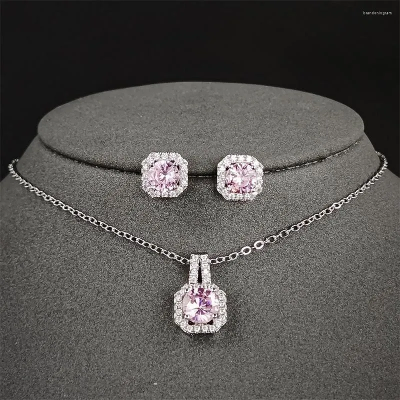 Collier boucles d'oreilles ensemble 2 pièces Pack couleur argent mariée bijoux bague de fiançailles pendentif pour mariage mariée femmes boucle d'oreille J1104-rose