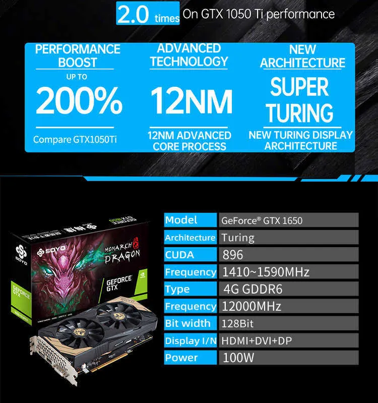 SOYO NVIDIA GeForce GTX 1650 Monarch Dragon 4G GDDR6 128-Bit
