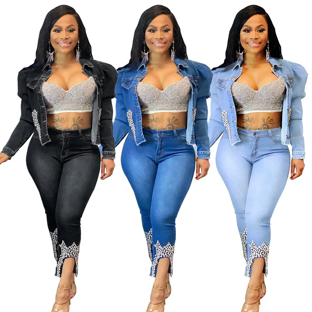 Two-Piece Set with Cropped Denim Jacket and Flared Trousers - Blue main image 1