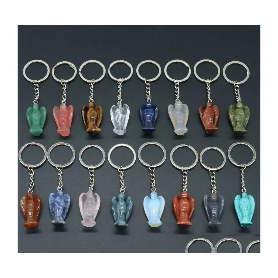 Key Rings Healing Reiki Chakra Carved Angel Natural Stone Pendant Keychain Crystal Chakras Quartz Chains Jewelry Accessories 86C3 Dr Dhyxa