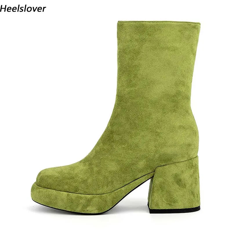 Heelslover New Fashion Women Winter Mid Calf Boots Chunky Heels Round Toe Elegant Green Purple Street Shoes Ladies US Size 5-13