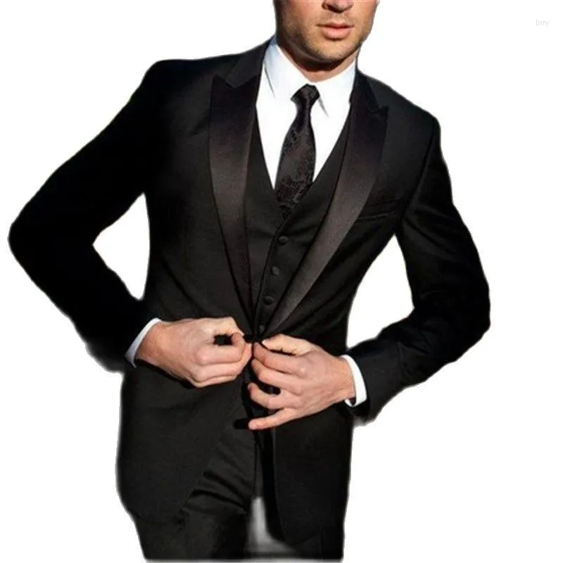 Men's Suits Custom Made Black Satin Peaked Lapel Men Sets For Wedding 3Pcs(Jacket Pant Vest Tie)Latest Coat Blazer Trousers Masculino