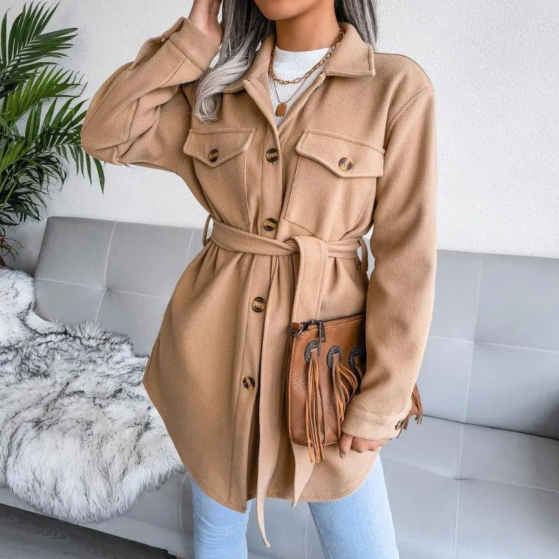 CYDNEE College Fresh Style Femme Longues Chemises Manteau Avec Ceinture Femmes Laine Simple Boutonnage Casual Outwear Lâche Automne Win