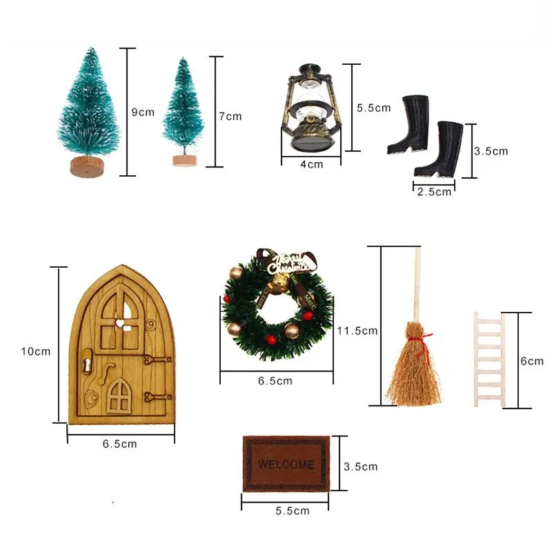 Décorations de jardin Ensemble de porte Gnome Sculpture Secret Santa avec 9  accessoires Meubles miniatures Modèle de maison de poupée