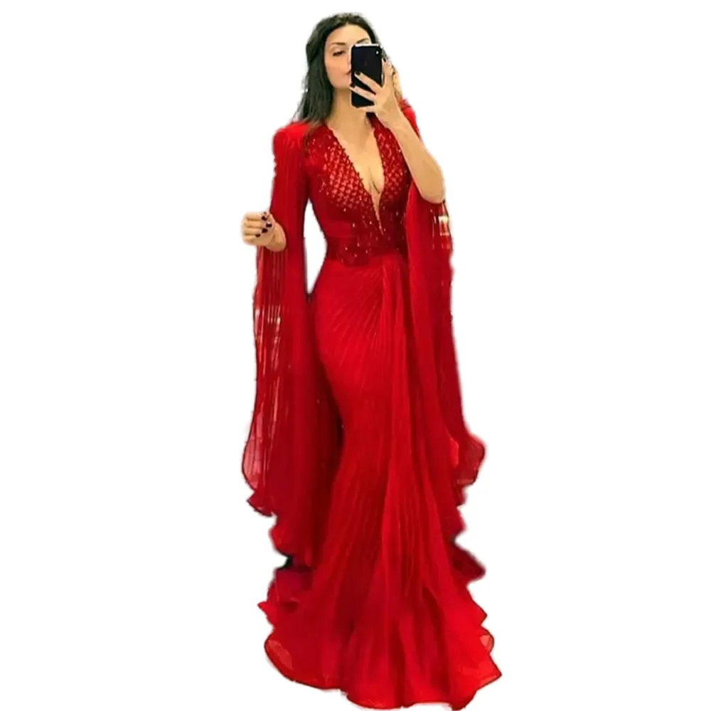 fitted lace wedding dress Red Midi Bodycon Dress with Long Sleeves main image 1