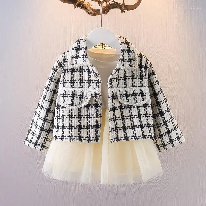 Robes fille 1-4 ans doux deux pièces jupe en gaze à manches longues bébé robe manteau à carreaux costume printemps et automne vêtements pour enfants