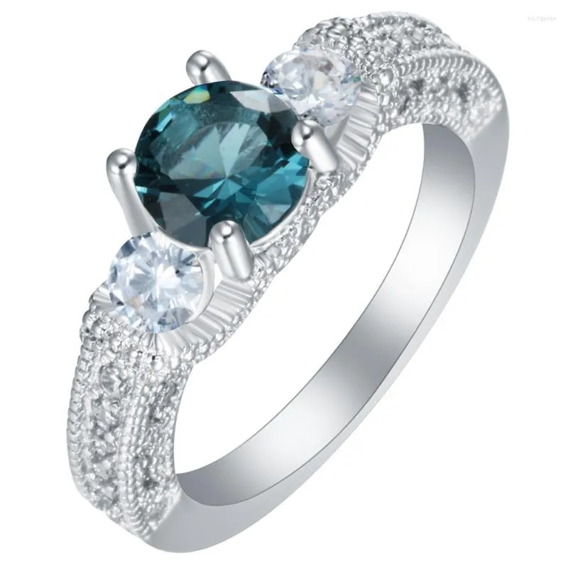 Anneaux de mariage Hainon mode argent couleur bague femmes 5mm rond bleu Zircon cristal fiançailles bijoux Distribution