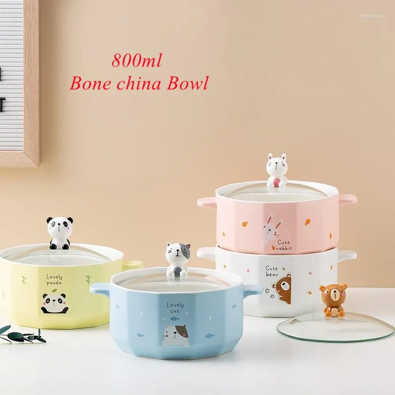 Bowls 800ml Cartoon Ceramic Noodle Bowl With Lid Student Creative Soup Home Two-ear Salad Pasta Cute