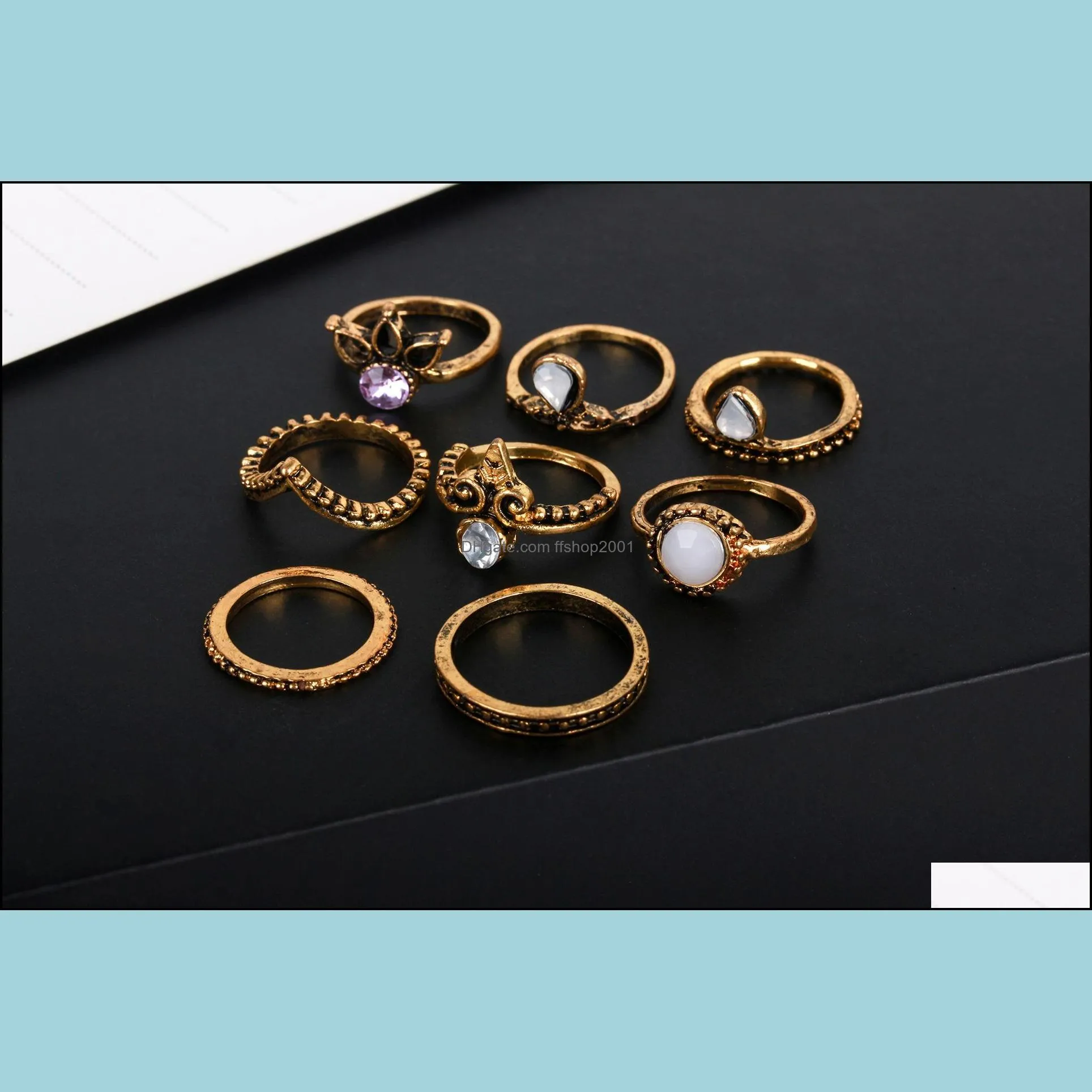 8pcs/set vintage rings crown white gem bronze brass knuckle ring ethnic carved boho finger rings for men women fashion