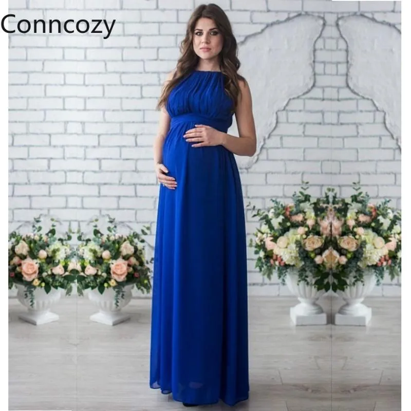 Zwangerschapsjurken rond nek mouwloze lange vrouwen plus maat wit blauw jurk po schieten zwanger pure kleur tuniek