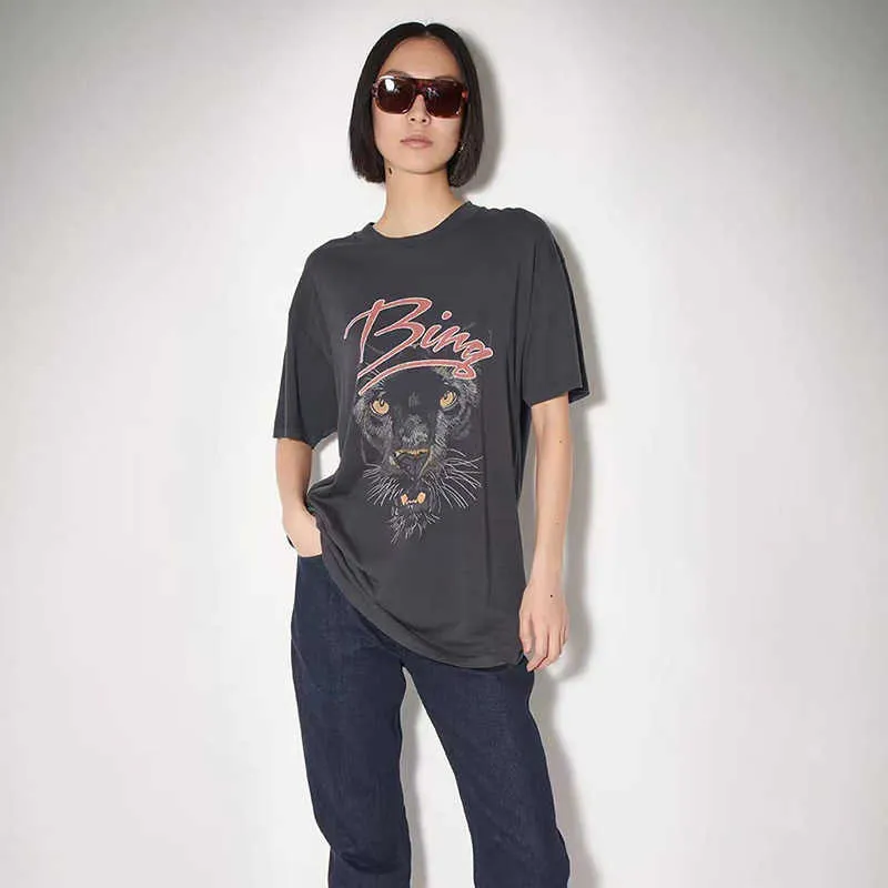 Bings Women DesignerTシャツヒョウヘッドプリント洗濯炒め雪だるま酵母ティーヴィンテージショートスリーブTシャツトップス