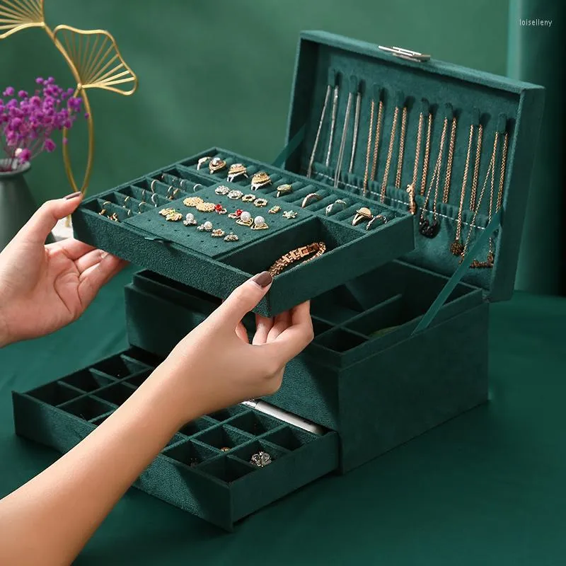 Sieradenzakken wij 3-laags groene stud organizer grote ring ketting make-up houder cases fluweel doos met slot voor vrouwen