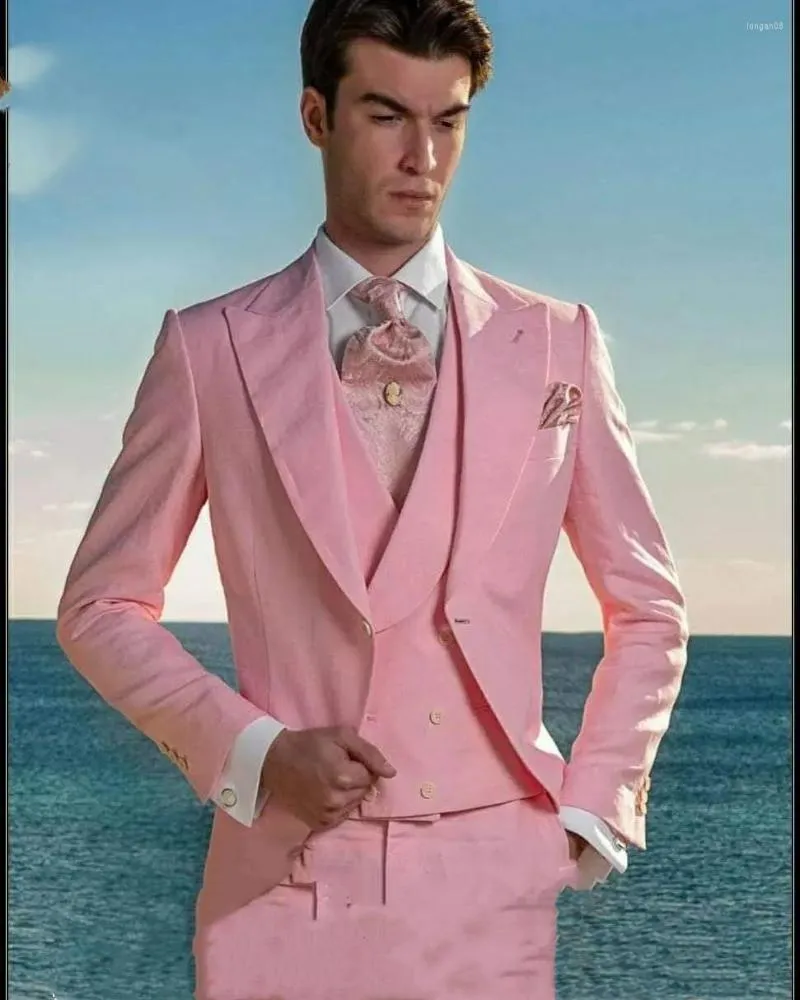Herrdräkter blazer sätter manlig kostym herrkläder rosa formella för män smal passande bröllop brudgum elegant klänning 3 stycken (jacka byxor väst)