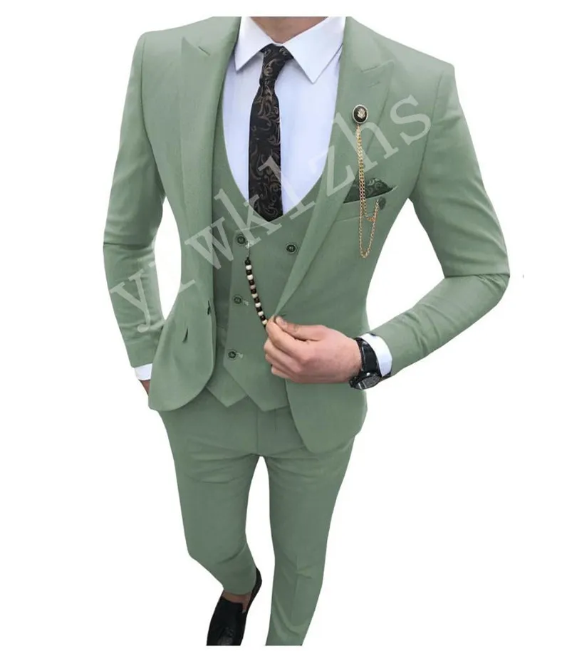 カスタムメイドの男性スーツ1つのボタンGroom Tuxedos Peak Lapel Groomsmen Wedding/Prom/Dinner Man BlazerジャケットパンツベストW850