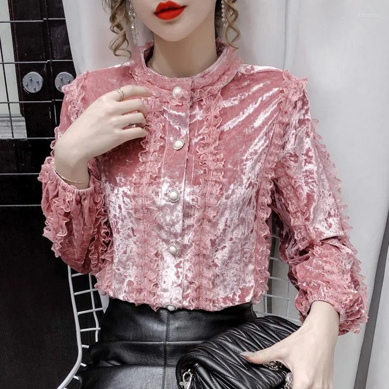 Women's Blouses Women Shirt Blouse Pleuche Women's Long-Sleeved Autumn Clothes Lace Stitching Coat Blusas Mujer