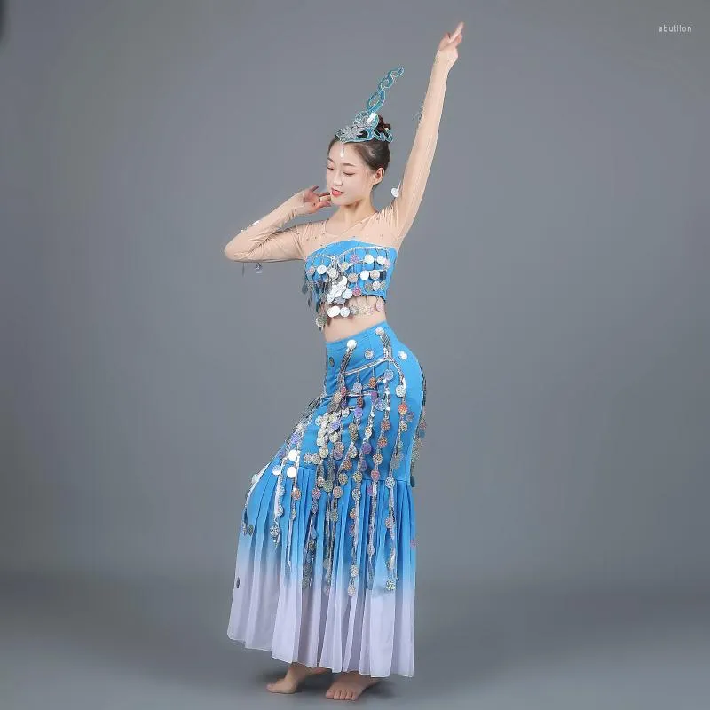 Stage Wear Dai Dance Costumes Oriental Chinese Folk Peacock Dancer Adult Performance Costume Sequined Fishtail Skirt