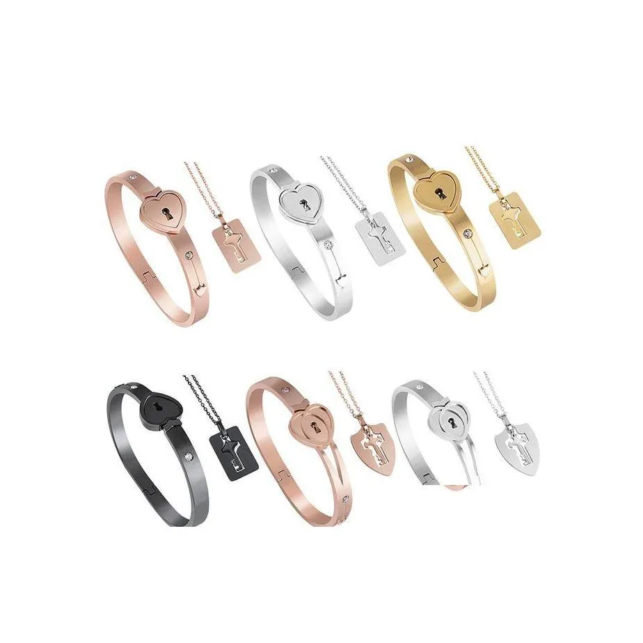 Armband halsband mode par ￤lskare smycken set k￤rlek hj￤rtl￥s rostfritt st￥l armband nyckel h￤nge g￥va droppe leveransupps￤ttningar otlbu