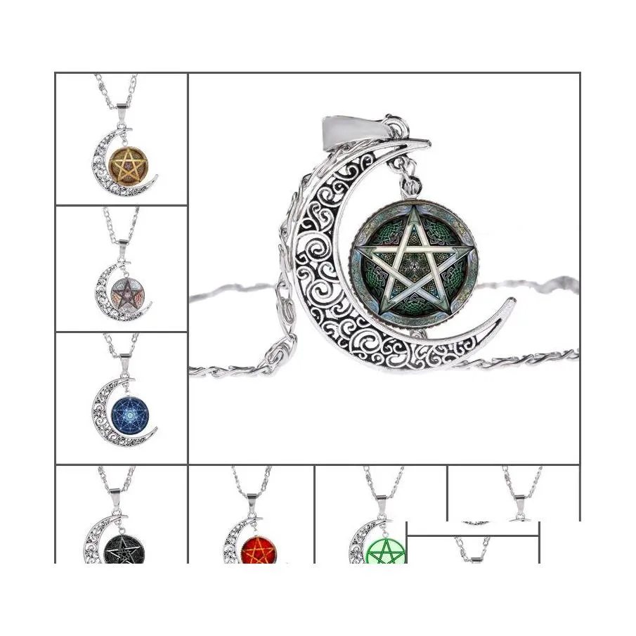 Pendentif Colliers Étoile à cinq branches Creuse Lune Cabochons Verre Moonstone Pentagram Collier pour Femmes Hommes Sorcellerie Bijoux Drop de Ot6Bx