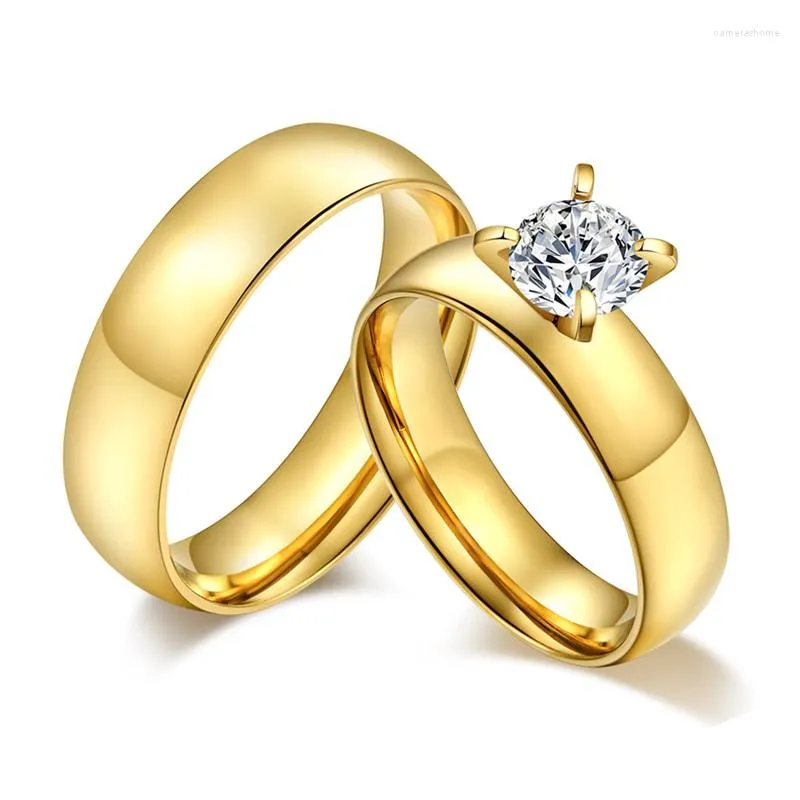 Fedi nuziali Color oro per coppie Acciaio inossidabile Donna Uomo Cubic Zirconia Anello di fidanzamento Amanti Gioielli R414G