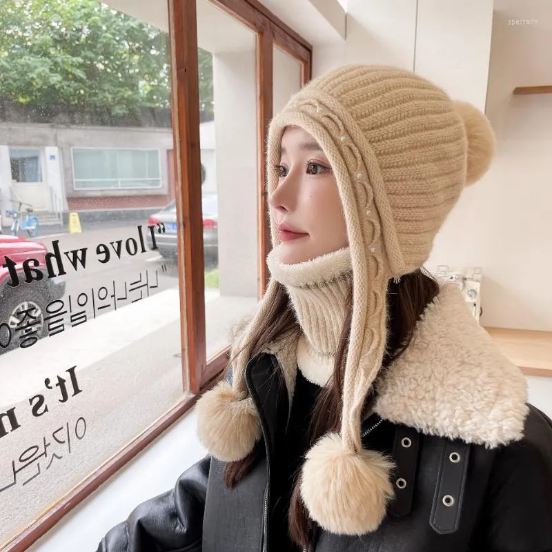 Berets Winter Long Cute Double Fur Ball Knitted Wool Scarf Cap Extra Thick Insulation Ear Protection Cold-proof Thicken Sherpa Peru Hat
