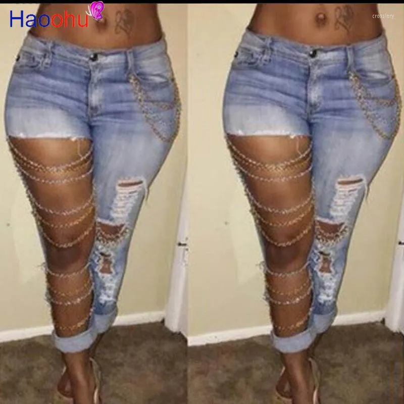 Jeans pour femmes HAOOHU Dames Mode Ripped Slim Chaîne Big Hole Denim Pantalon Streetwear Pantalon Crayon Sexy