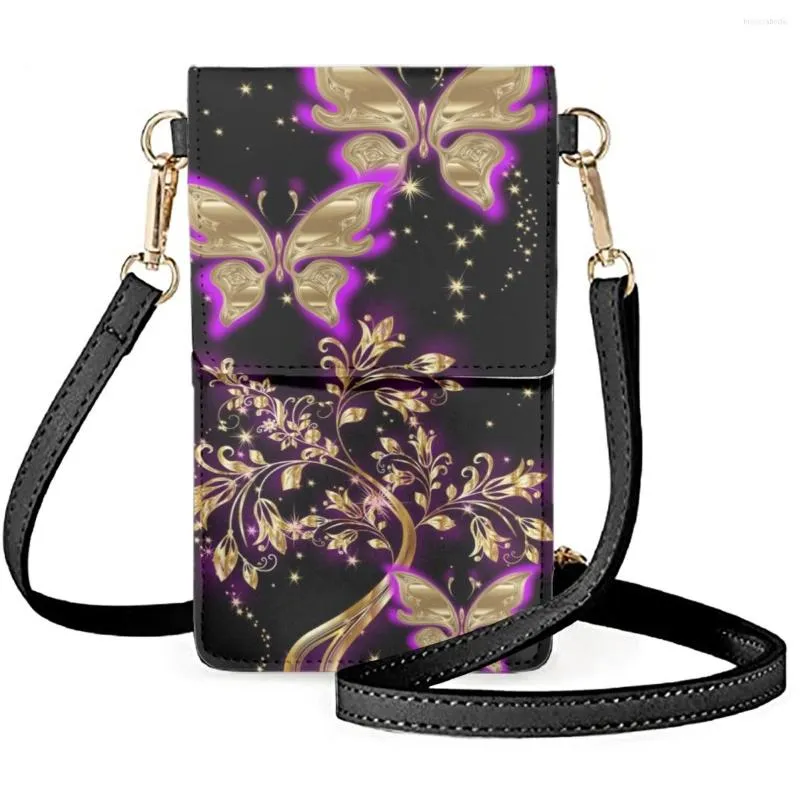 Evening Bags FORUDESIGNS Gold Butterfly Print Design Women's Flip Phone Bag Street Fashion Wallets Card Pack Ladies Satchel 2023