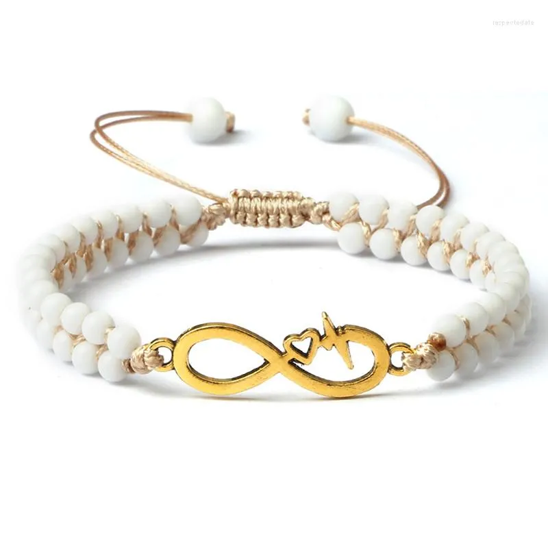 Strand Infinity Pulsera ajustable trenzada 4 mm Piedra natural Porcelana blanca Con cuentas Amistad Amor Parejas Pulseras Joyería de moda