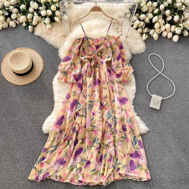 Casual Dresses Gagaok Beach Style Women 2023 Summer A-Line Shirring Puff Sleeve Slash Neck Off The Shoulder Chiffon Dress