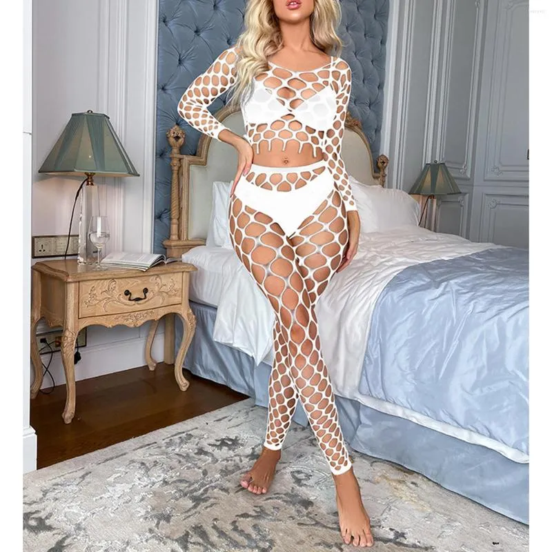 Bras Sets Sexy Womens Hollow Out See-Through Fishnet Lingerie Set Soft Nightwear Bikini Cover Ups Scoop Neck Long Sleeve Crop Top 1994