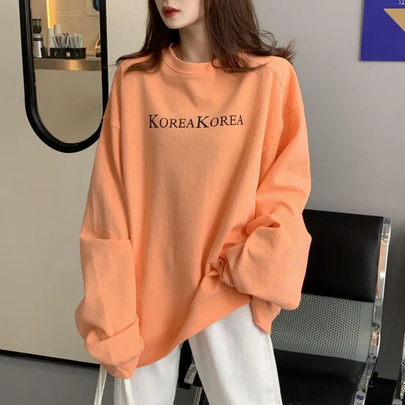 Kvinnors T-skjortor Autumn Korean Style Loose Shirt Girls Harajuku All-Match Vintage O-Neck Long Sleeves Letter Tryckt Pullover Y2k Top