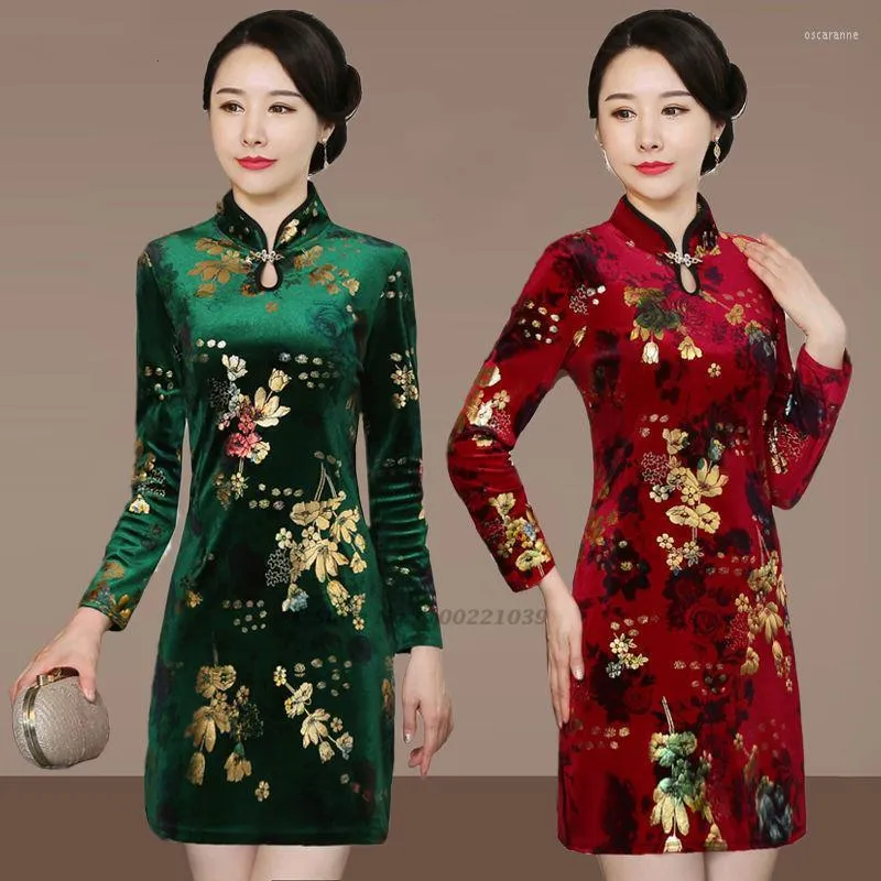 Ethnic Clothing 2023 Chinese Improved Velvet Qipao Traditional Cheongsam Vintage Flower Print Evening Party Dress Oriental Vestidos