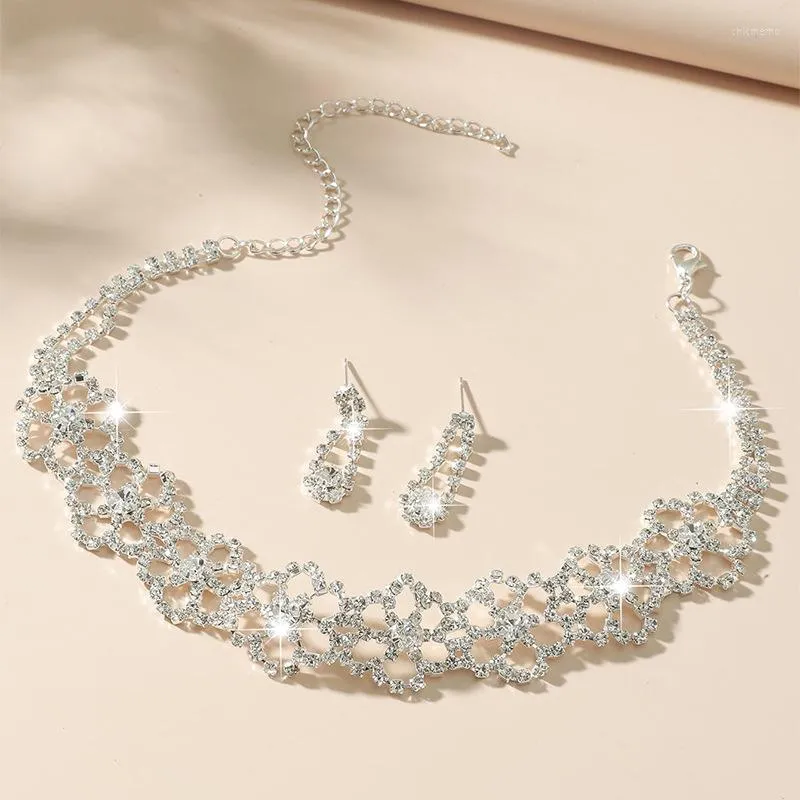 Necklace Earrings Set Fashion Crystal Bride Jewelry Rhinestone Silver-plated Wedding Dress Banquet Ladies Gift