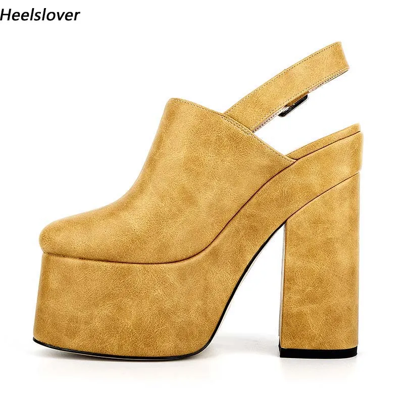 Heelslover Women Spring Pump Faux Leather Buckle Strap Block Heel Round Toe Pretty Yellow Party Shoes Ladies Us Size 5-13