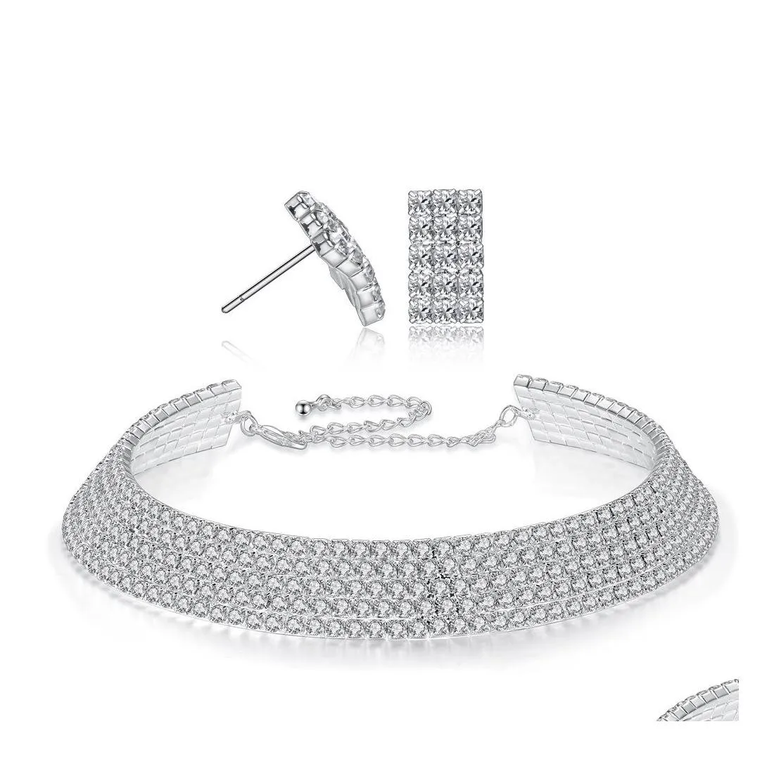 أقراط قلادة الكلاسيكية Crystal Wedding Stud for Women Negetric Rhinestone Jewelry Set Bridal Engagement Home Sets Sets Otall