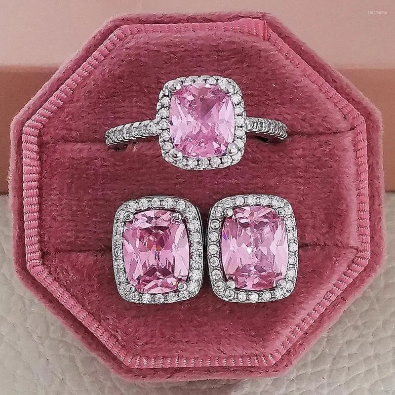 Halskette Ohrringe Set 2er Pack Echtsilber Farbe Braut Zirkon Schmuck Verlobungsring Ohrstecker Für Hochzeit Weihnachtsgeschenk J6017-Rosa