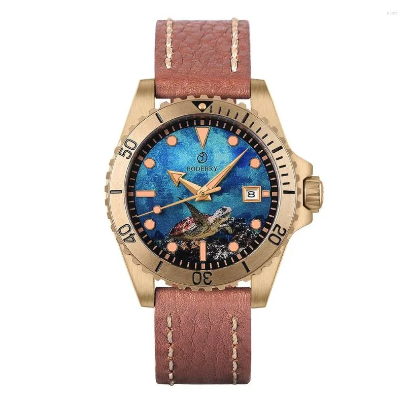 Zegarek na rękę Bodry Mens Automatyczne zegarki Brązowe zegarek wojskowy mechaniczny nurka na rękę na rękę 100 m wodoodporne szafir C3 Luminous Sport