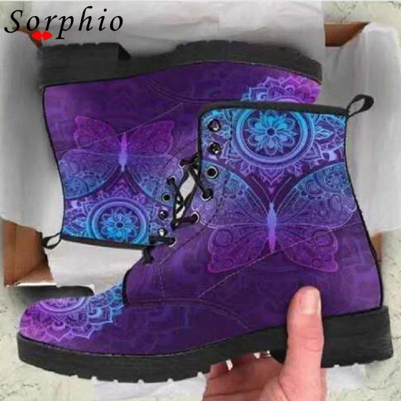 Boots Sorphio Ins Lady Butterfly Knot Autumn Brand Women Shoes Lace Up Print Low Heel Motorcycle Ankle