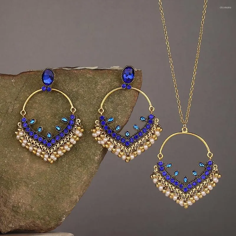 Kolczyki naszyjne Zestaw Vintage etniczny niebieski CZ woda kropla kuszona biżuteria na damskie Indie cygańskie boho złoty kolor brędzący prezent