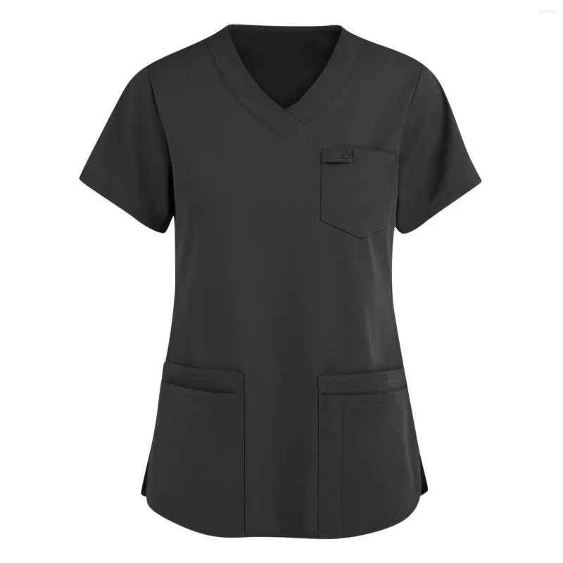 Magliette da donna Camicia da donna Manica lunga Maglietta da donna corta con scollo a V Tasca per operatori sanitari Top