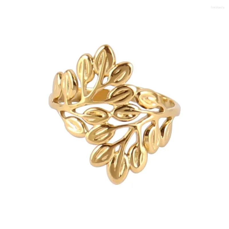 Wedding Rings Stainless Steel Fashion Open Leaf For Women Simple Gold Color Resizable Plant Female Knuckle Ring Party Jewelry