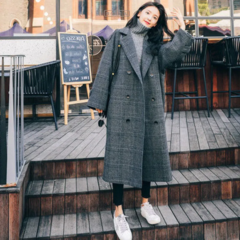 Women s Wool Blends Elegant Women Plaid Wool Coat Korea Retro Dark Gray Double Breasted Long Sleeve Chic Loose Outerwear Ladies Long Jacket Overcoat