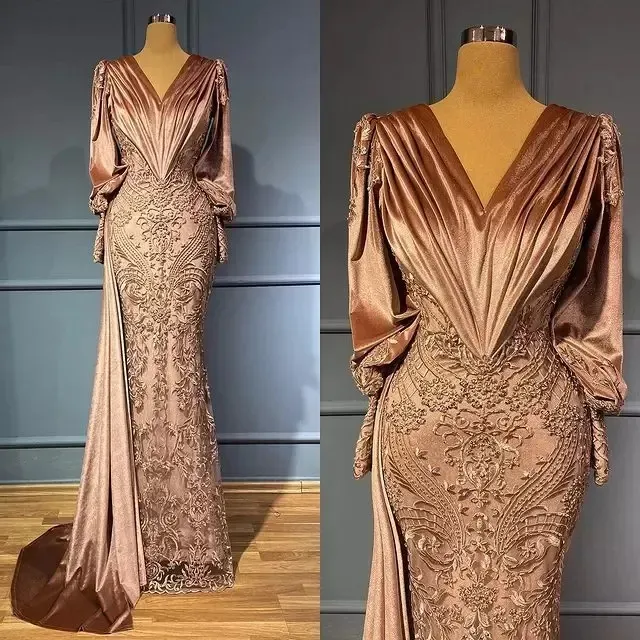 Elegant Arabic V-Neck Mermaid Formal Evening Dresses Long Sleeves Lace Applique Women Brown Celebrity Party Gowns Prom Special Occasion Wear Plus Size 2023