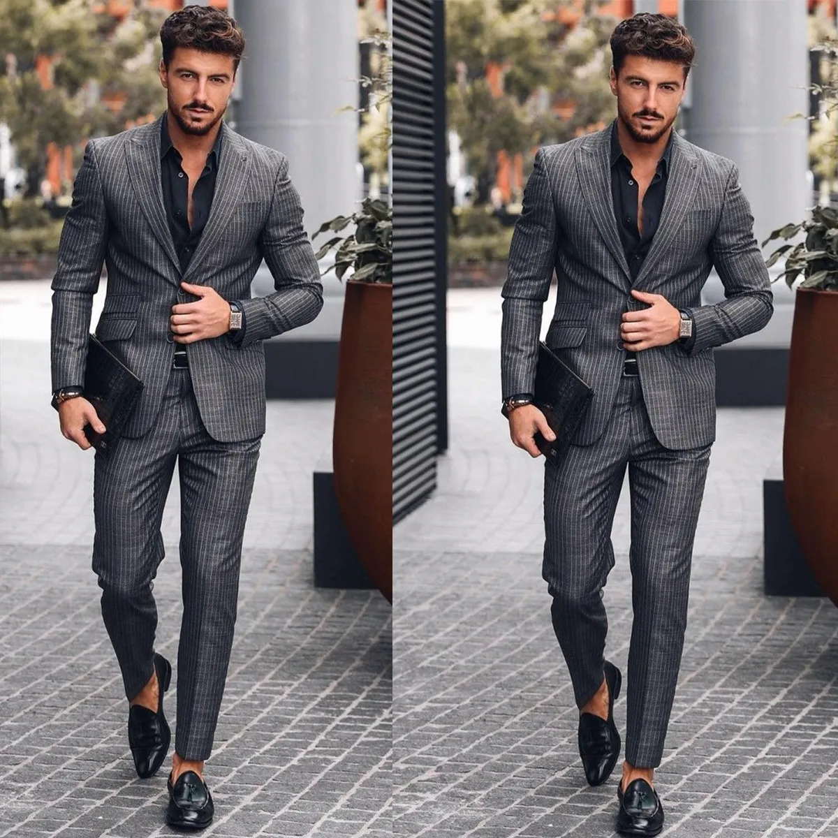 Two Pieces Wedding Tuxedos Men Suits Modern Formal Slim Stripe Fit Suit Jacket Two-Button Customized Peaked Lapel Pockets Bridegroom Coat and Pants