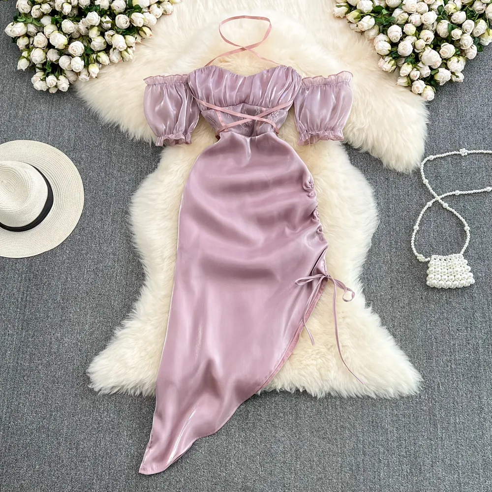 Легкие роскошные повседневные платья Высококачественные халаты Femme Slash Seck Подвески Vestidos Slim Thin Thin Shinking Package Purple Packer 2023