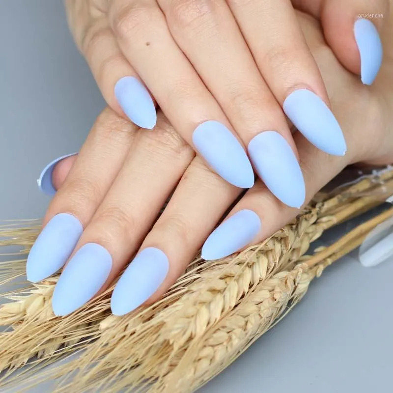 False Nails The Most Models Long Pointed Candy Colors 24pcs Matte Light Blue C 545