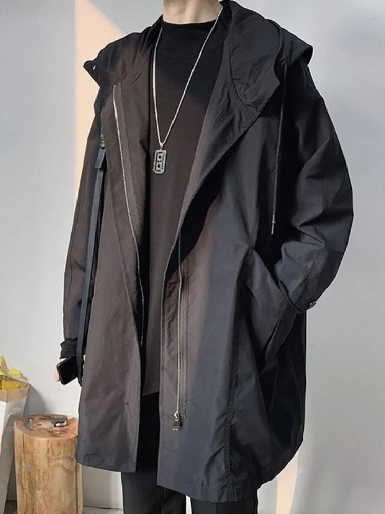 Erkek trençkotları rüzgarlık ceket orta uzunlukta bahar sonbahar ceket kapüşonlu ceket Kore trend yakışıklı tiki pelerin pelerin punk sokak kıyafeti 230130