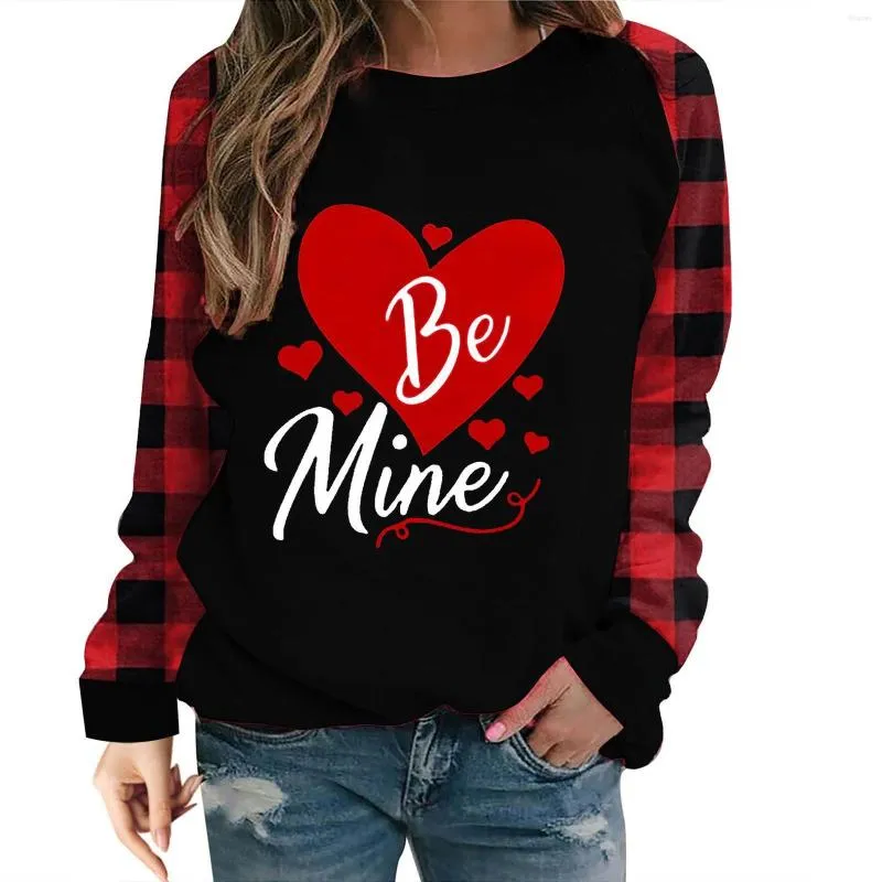 Camisetas de mujer Blusa ligera de algodón Día de San Valentín Manga larga Estilo de hombro Mangas a cuadros Amor Camiseta de entrenamiento Mujer