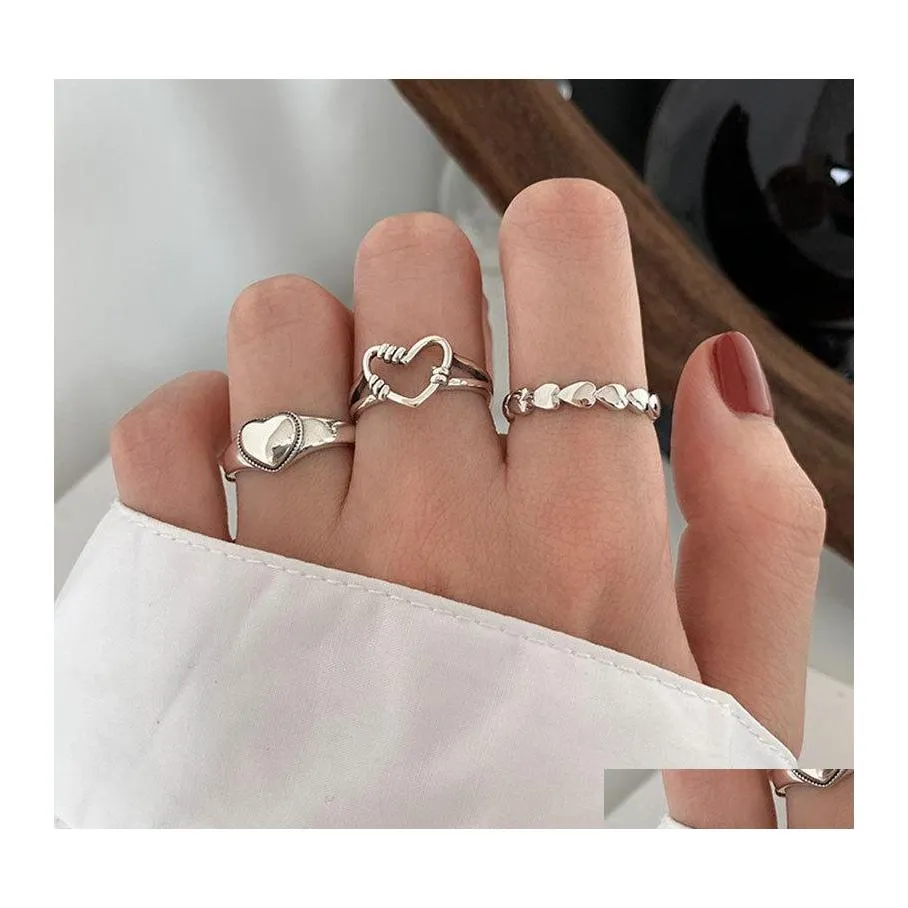 Бэнда Ring Sier Retro Love Heart Hollow Open Ring Женская тенденция Sweet Sexy Elegant Hiphop Fashion Drop Drow Drower