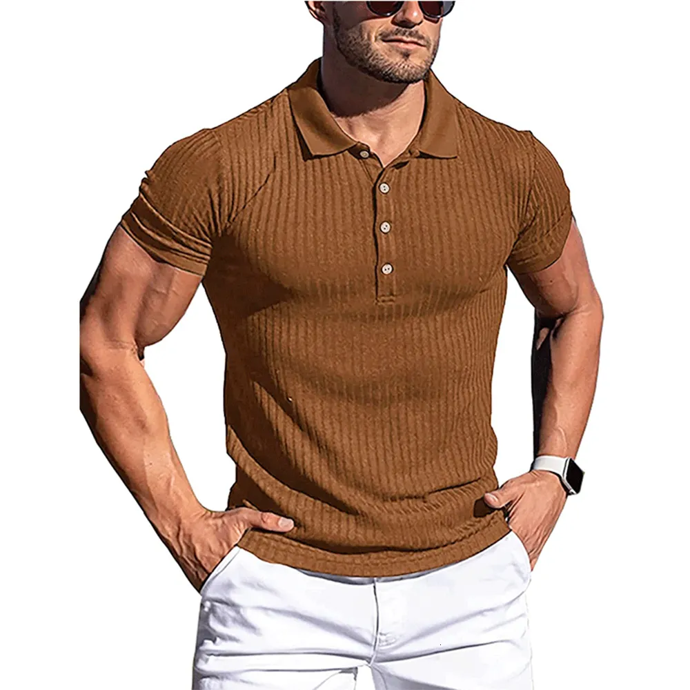 Herrpolos sommarpolo män solid rand fitness elasticitet kort ärm polo skjortor för män mode stativ krage mens skjortor 230130