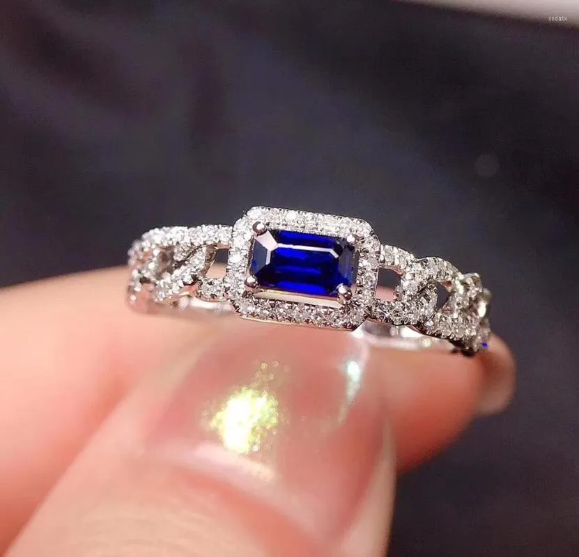 Klusterringar Y418 Blue Sapphire Ring 0.45CT Real Pure 18 K Natural Gemstone Diamonds Stone Female